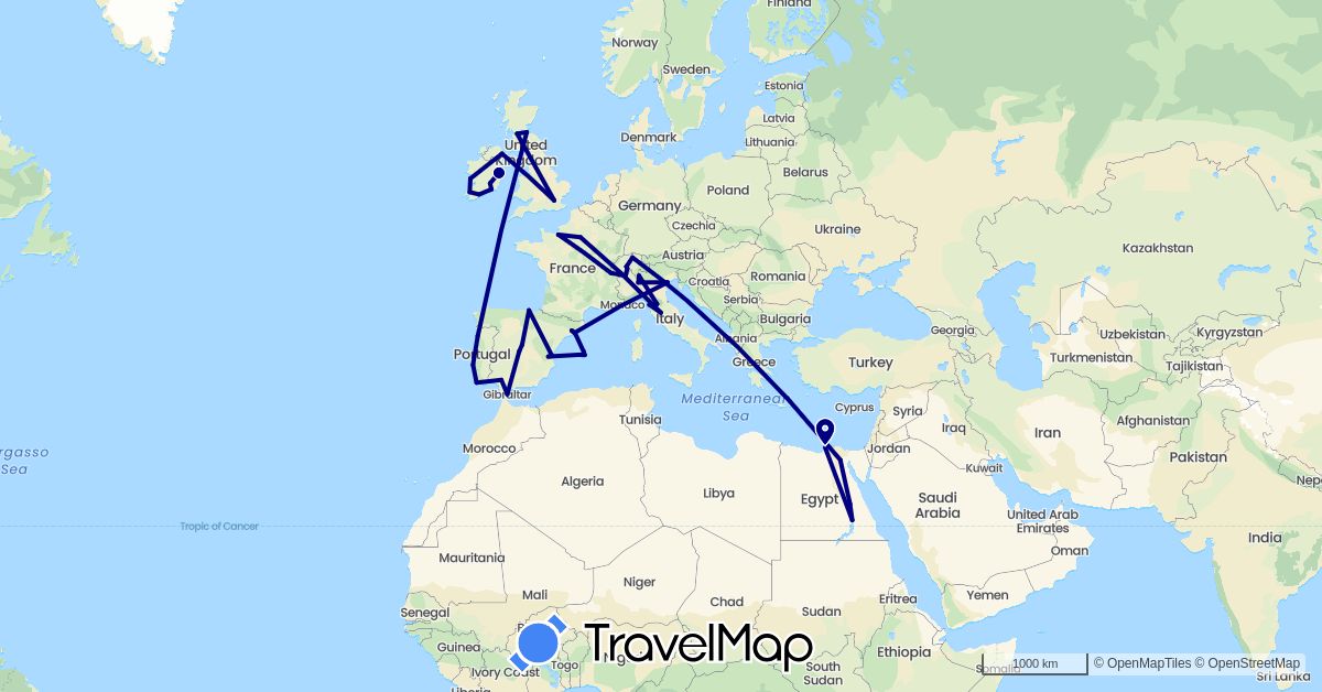 TravelMap itinerary: driving in Switzerland, Egypt, Spain, France, United Kingdom, Gibraltar, Ireland, Italy, Portugal (Africa, Europe)